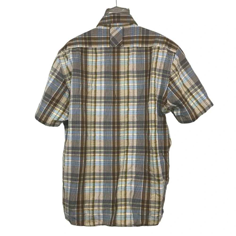 Indigo Palms‎ Mens XXL Blue Brown Plaid SS Button Down Shirt Cotton Blend